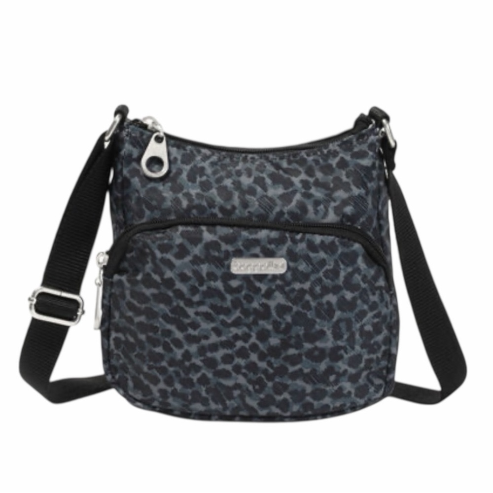 Baggallini Joey Black Charcoal Cheetah Print Nylon Crossbody Purse Bag